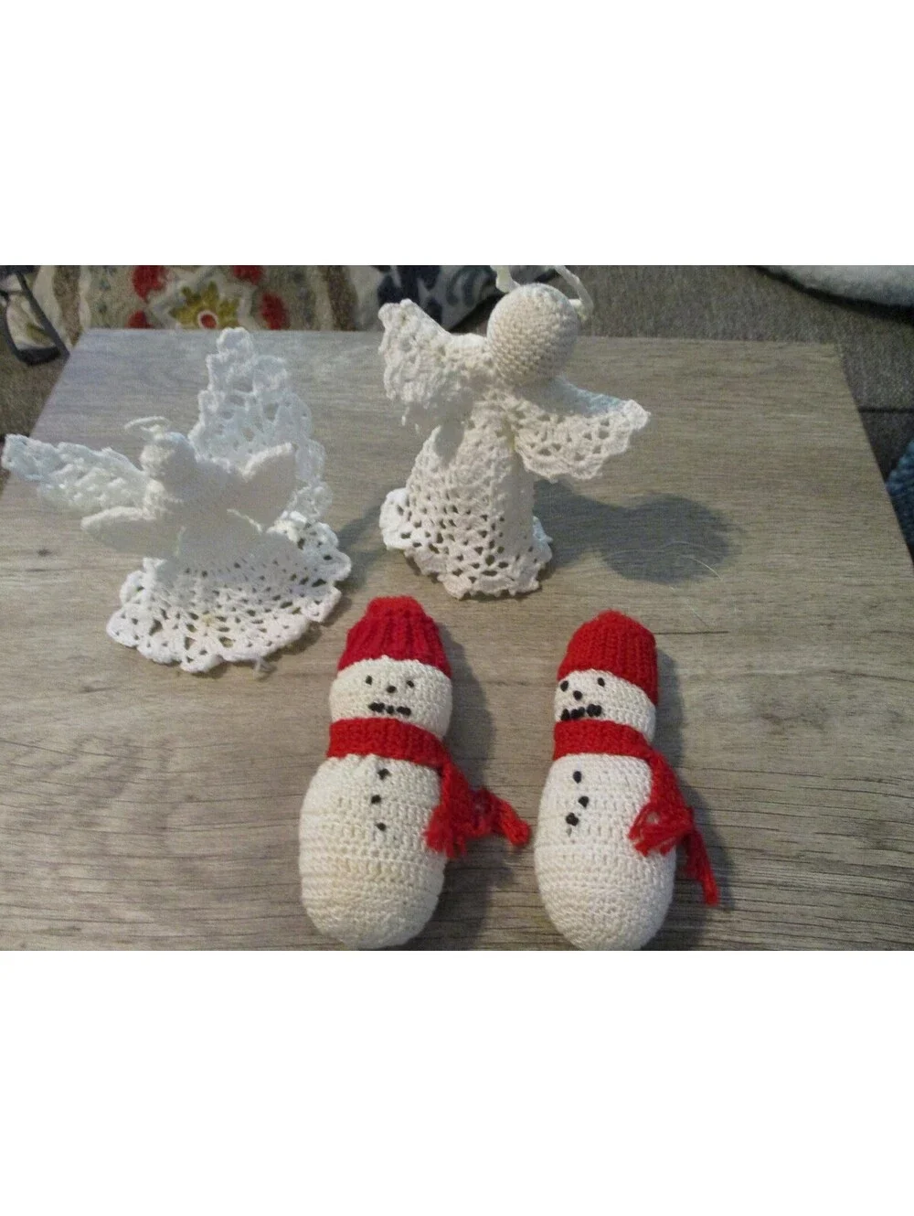 Vintage Handmade Starched Crochet Lace Angel and Snowman Ornament Lot 4